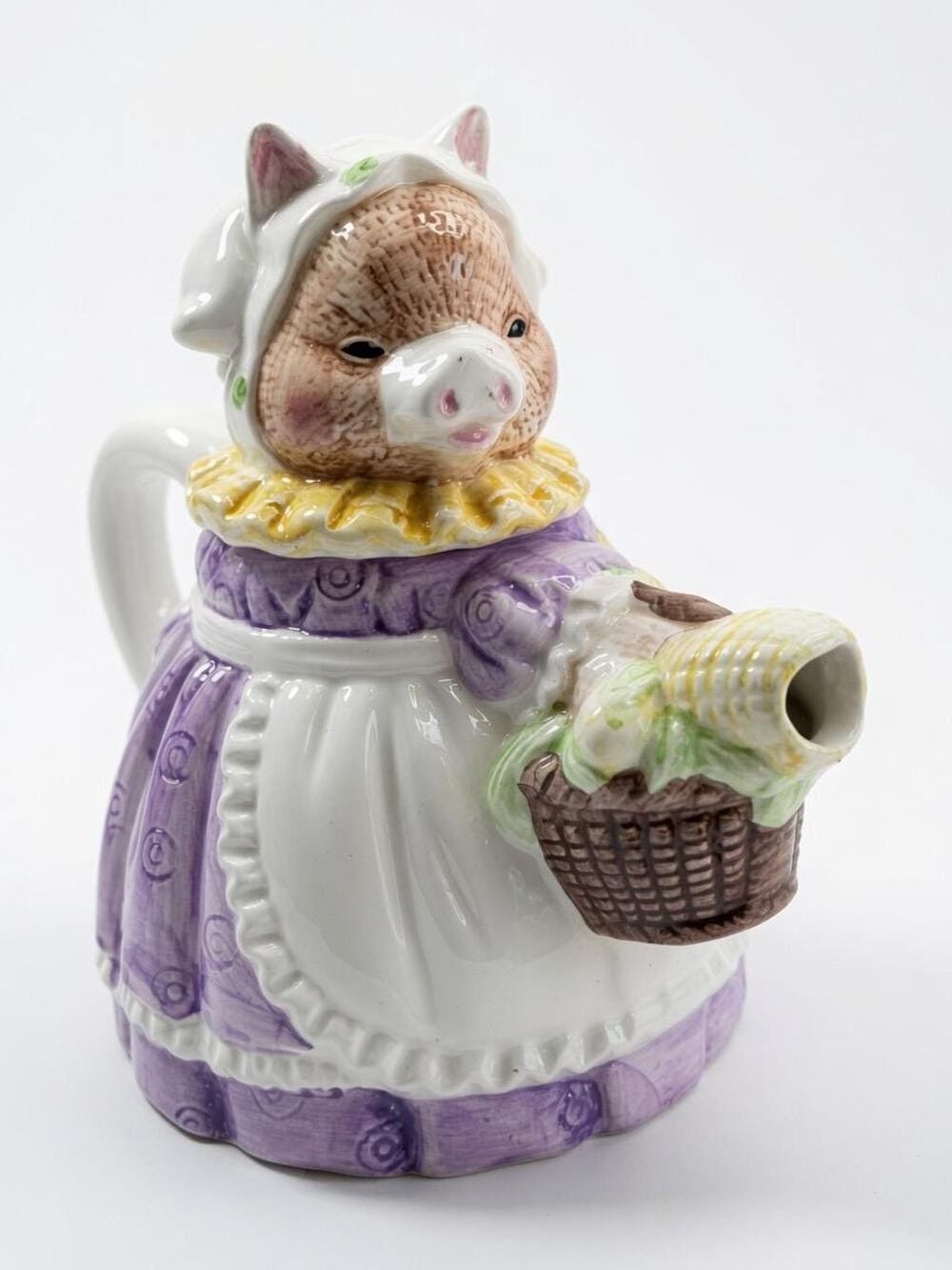 Pig Lady Country Farmer Ceramic Teapot Purple Dress Bonnet Corn Basket 7"